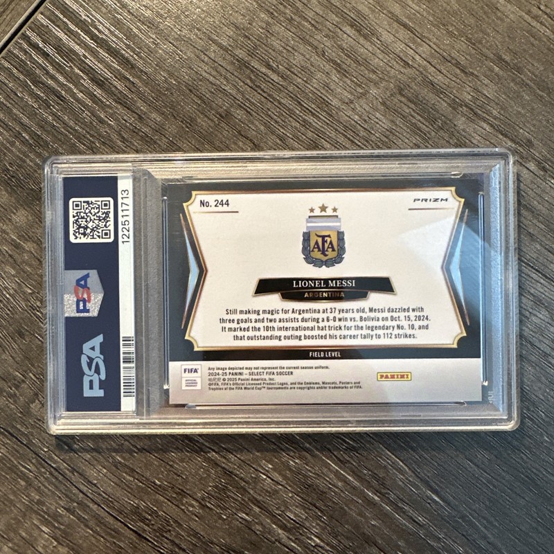 Lionel Messi 2024-25 Panini Select FIFA #244 Multi-Color Prizm PSA 10 Argentina view 2