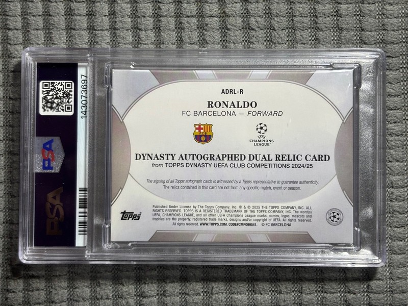 2024-2025 Topps UEFA Dynasty Ronaldo Dual Patch Auto /5 R9 Barcelona PSA 7 AUTO view 2