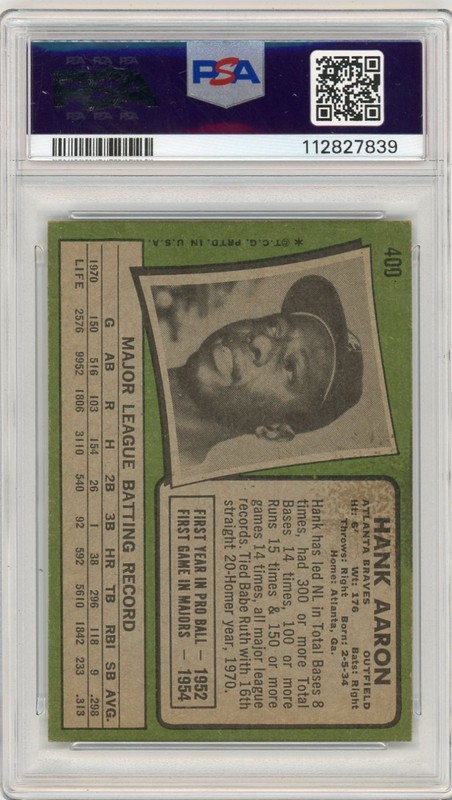 1971 Topps Hank Aaron #400 Braves PSA 5 view 2