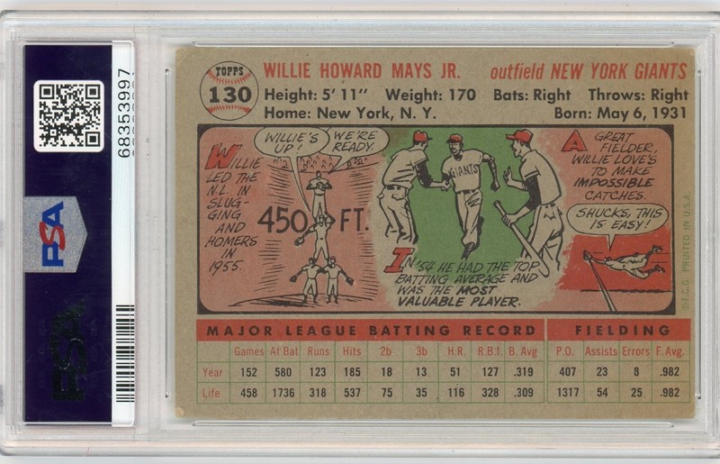 1956 Topps #130 Willie Mays New York Giants HOF Gray Back PSA 3 VG view 2