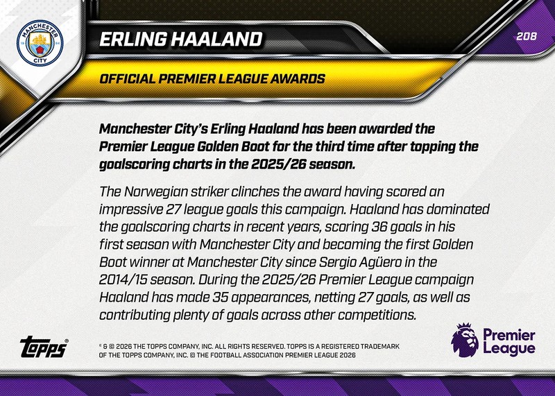 Erling Haaland 2025-26 Premier League Topps Now #208 Golden Boot Presale view 2