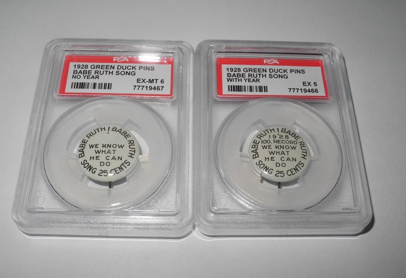 (2) 1928 Baseball Greenduck Babe Ruth Song Pins NO YEAR & WITH YEAR PSA 5 & 6