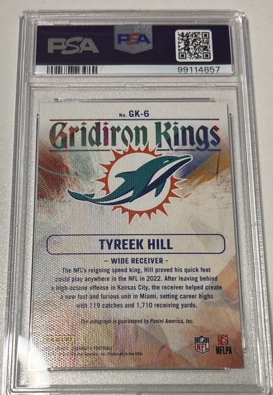 2023 Donruss Tyreek Hill Gridiron Kings Auto #16/25 Dolphins PSA 10 view 2