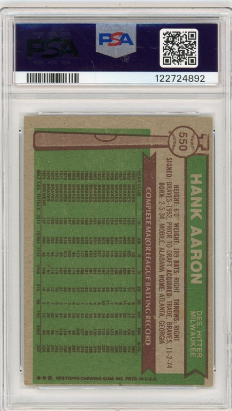 1976 TOPPS #550 HANK AARON PSA 3 HOF view 2