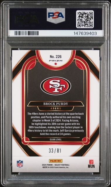 Brock Purdy 2024 Panini Select #226 Dragon Scale Prizm /81 GEM MT PSA 10 49ers view 2
