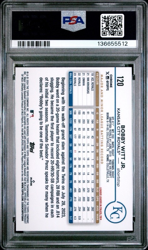 Topps 2024 Topps Chrome Bobby Witt Jr. #120 Gold Wave Refractor /50 PSA 10 view 2