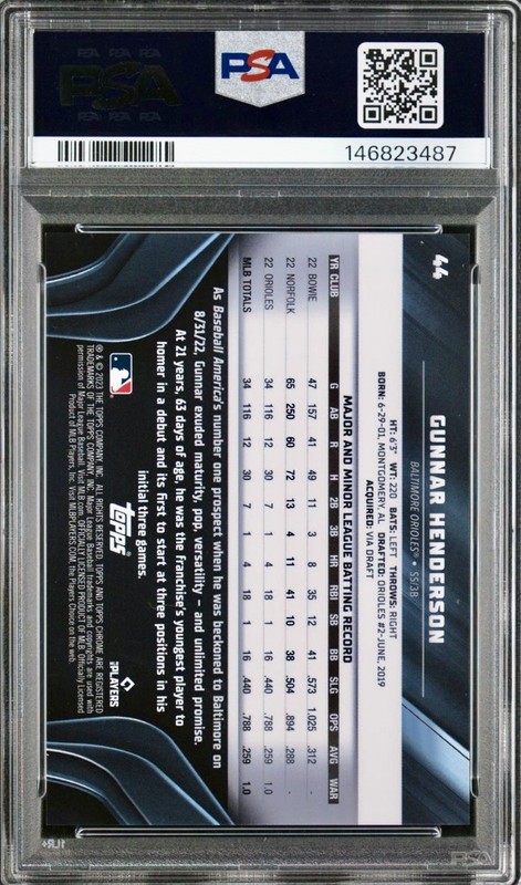 2023 Topps Chrome Black Gunnar Henderson RC Refractor /199 #44 PSA 10 Orioles  view 2