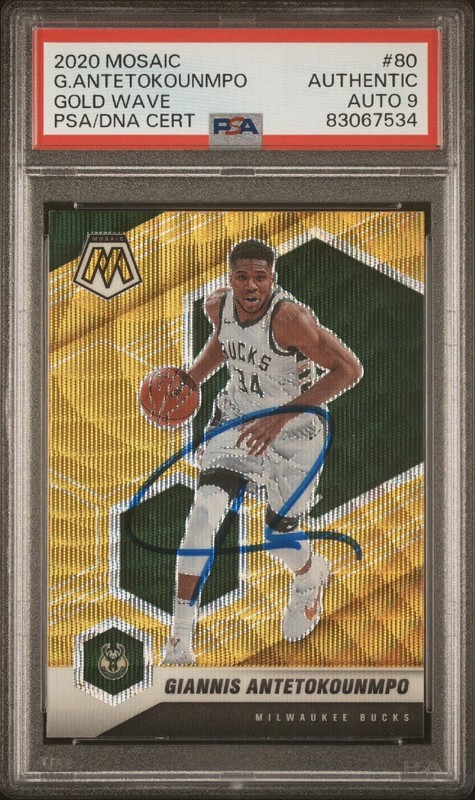 2020-21 Panini Mosaic Giannis Antetokounmpo Gold Wave Authentic Auto PSA 9 🔥🔥