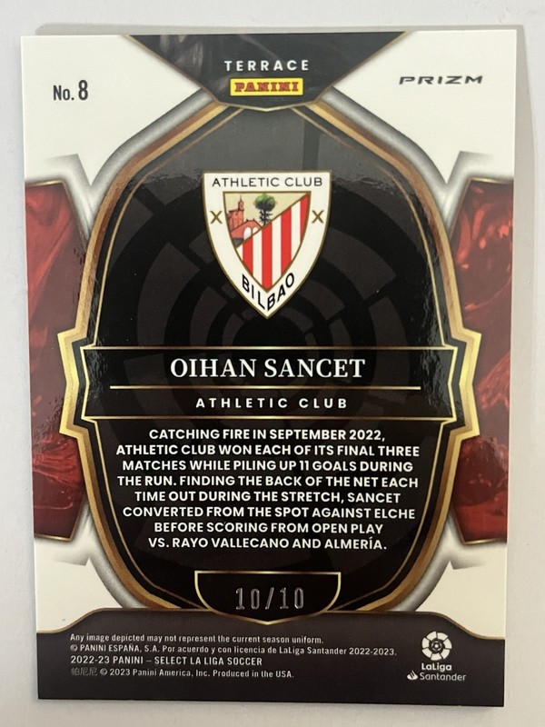 2022-23 Panini Select La Liga Oihan Sancet Gold Terrace Prizm 10/10 Bookend view 2