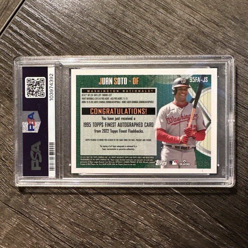 Juan Soto 2022 Topps Finest Flashbacks 1995 Aqua Refractor Auto 04/20 PSA 9 view 2