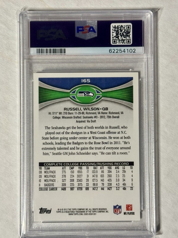 2012 Topps Passing Stands Visible Russell Wilson Rookie Rc #165 PSA 10 Seahawks view 2