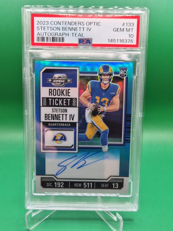2023 Contenders Optic Stetson Bennett Rookie Ticket Auto #D/99 Teal PSA 10 ๐๐ view 2