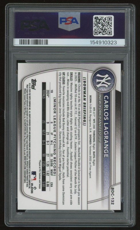CARLOS LAGRANGE 2025 BOWMAN CHROME SAPPHIRE #BDC-132 ORANGE AUTO /25 PSA 10 view 2
