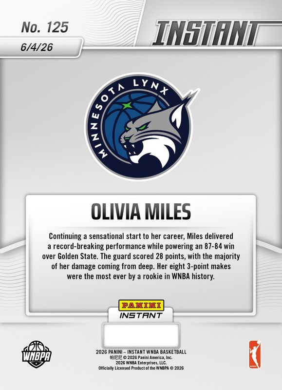Olivia Miles 2026 Panini Instant WNBA #125 Lynx Record Breaker RC Presale view 2