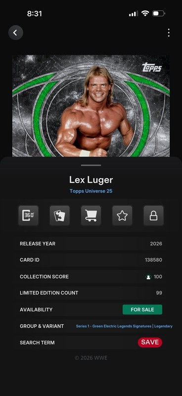 TOPPS SLAM WWE Lex Luger Universe Legendary 99cc Signature view 2