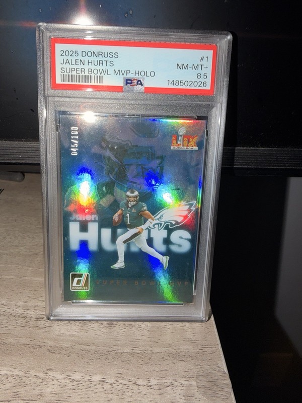 2025 DONRUSS JALEN HURTS SUPER BOWL LIX MVP HOLO FOIL #/100 EAGLES PSA 8.5