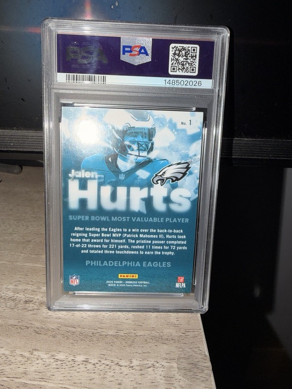 2025 DONRUSS JALEN HURTS SUPER BOWL LIX MVP HOLO FOIL #/100 EAGLES PSA 8.5 view 2