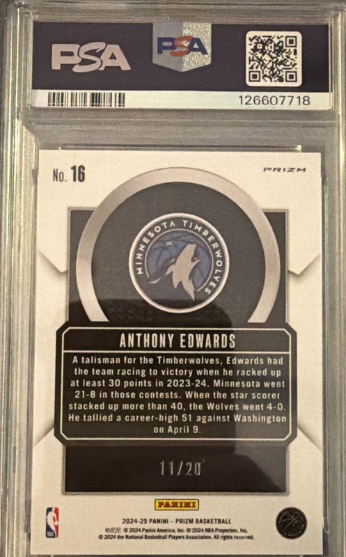 2024 Prizm Anthony Edwards Talisman-white Wave PSA 10 11/20 POP 1 view 2