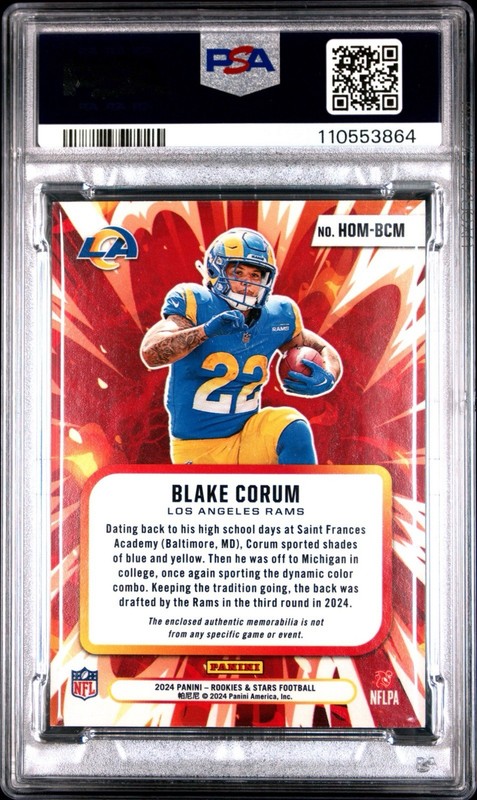 2024 Panini Rookies & Stars BLAKE CORUM #HOM-BCM HIGH OCTANE MEM PRIME /49 PSA 9 view 2