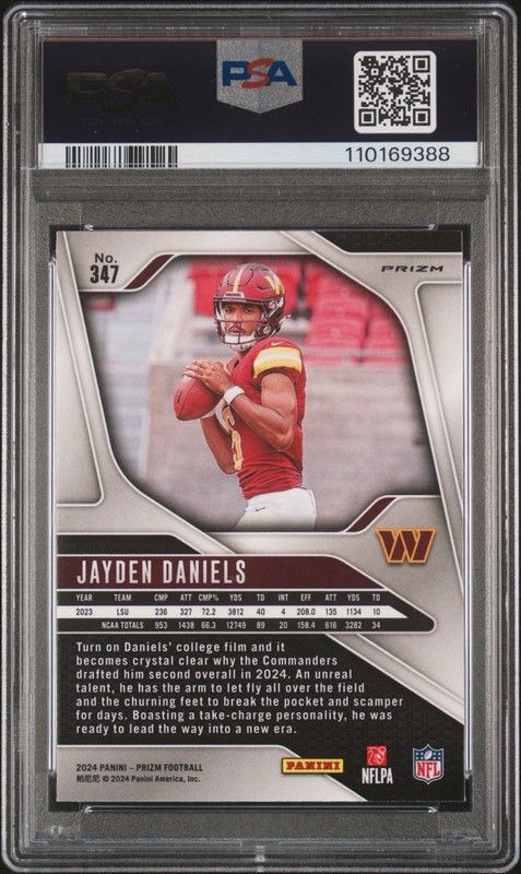 2024 PANINI PRIZM SILVER PRIZM #347 JAYDEN DANIELS (RC) PSA 8 view 2