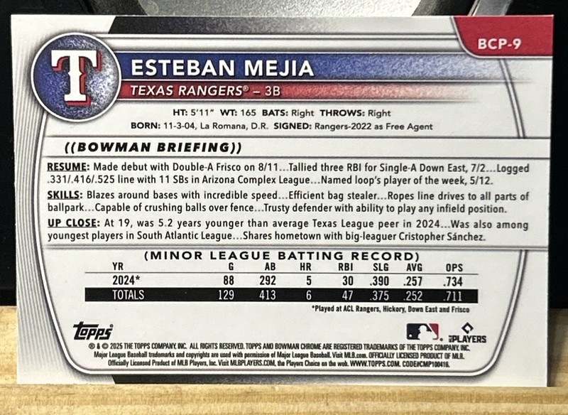 Esteban Mejia 2025 Bowman Baseball Chrome Prospects Yellow Xfractor #BCP-9 55/75 view 2