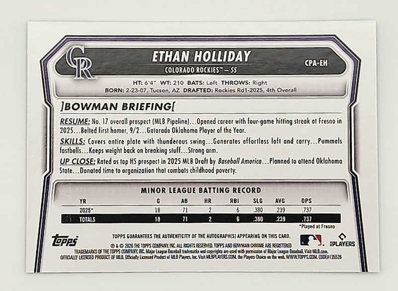 2026 Bowman Chrome Prospect 1st Auto Ethan Holliday Aqua Refractor #/125 Rockies view 2