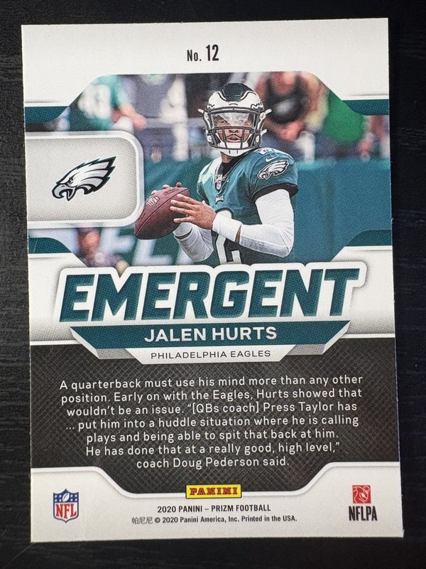 2020 Panini Prizm Jalen Hurts Rookie Emergent #12 (RC) Eagles view 2