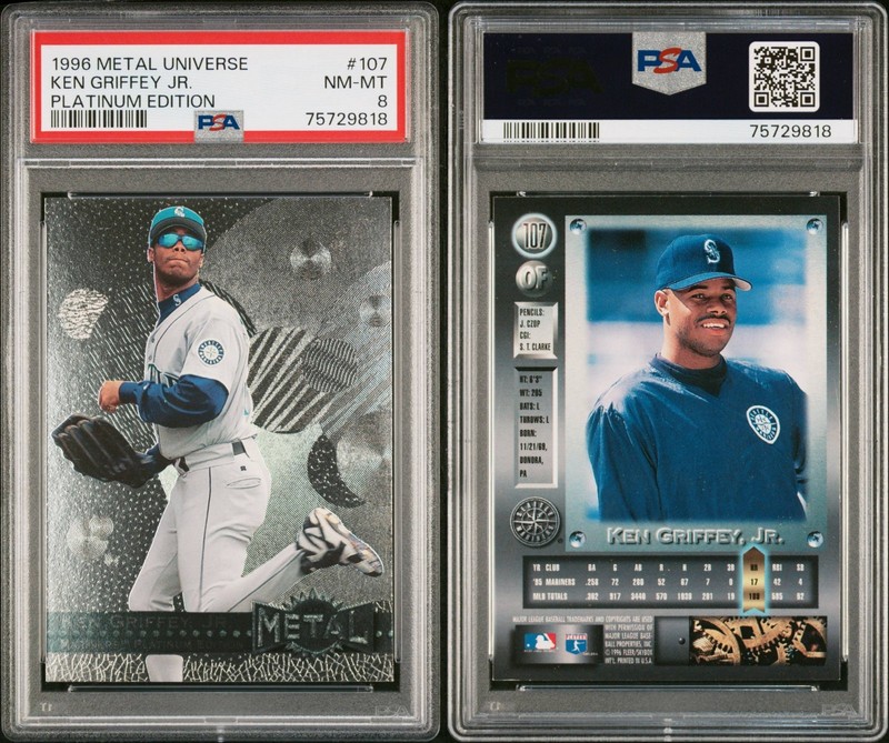 1996 KEN GRIFFEY JR Metal Universe PLATINUM EDITION #107 RARE Holo Foil SP PSA 8 view 1