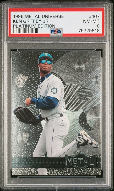 1996 KEN GRIFFEY JR Metal Universe PLATINUM EDITION #107 RARE Holo Foil SP PSA 8 view 2