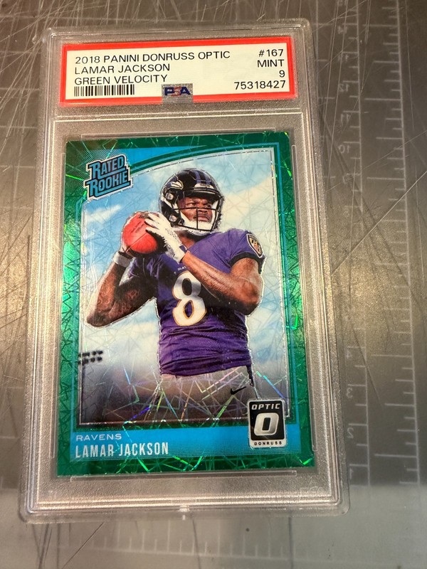 2018 OPTIC GREEN VELOCITY  #167 LAMAR JACKSON RAVENS ROOKIE CARD PSA 9 MINT