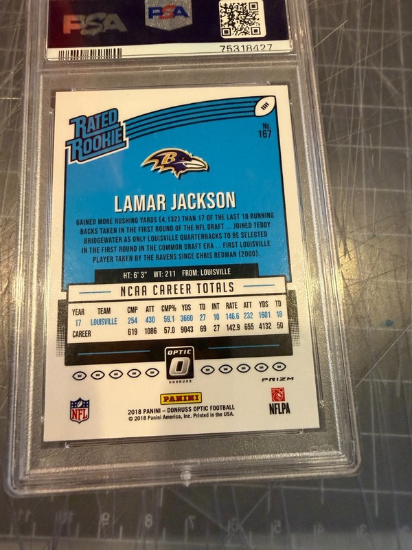 2018 OPTIC GREEN VELOCITY  #167 LAMAR JACKSON RAVENS ROOKIE CARD PSA 9 MINT view 2