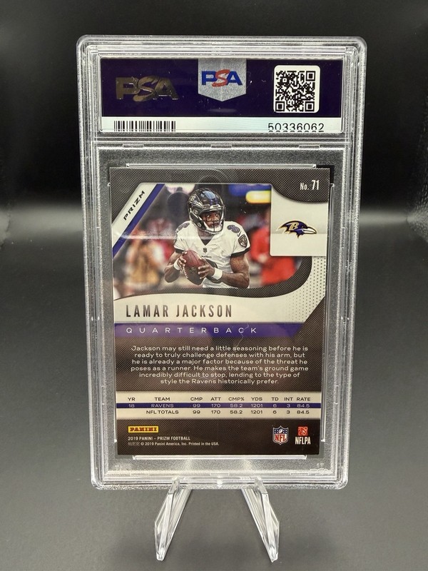 2019 Panini Prizm Lamar Jackson Lazer Prizm #71 PSA 9 Mint Baltimore Ravens view 2