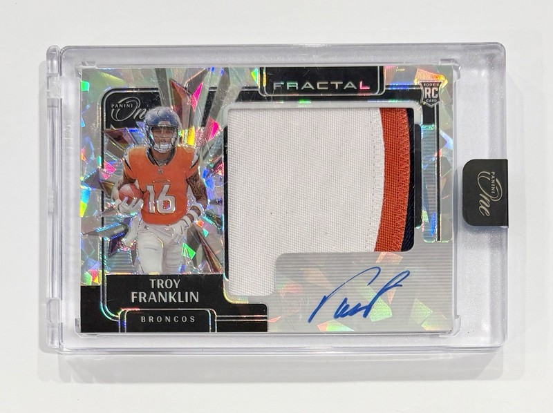 2024 Panini One Troy Franklin Fractal Rookie Jersey Patch Auto /50 RPA Broncos