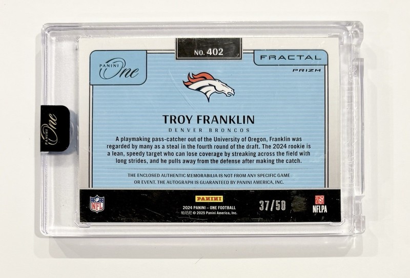 2024 Panini One Troy Franklin Fractal Rookie Jersey Patch Auto /50 RPA Broncos view 2