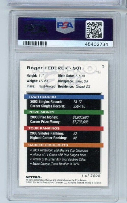2003 Netpro Elite Tennis #3 Roger Federer RC Rookie PSA 9 MINT (166) view 2