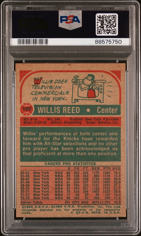 1973 TOPPS 105 WILLIS REED VINTAGE CARD PSA 5 LOW POP view 2