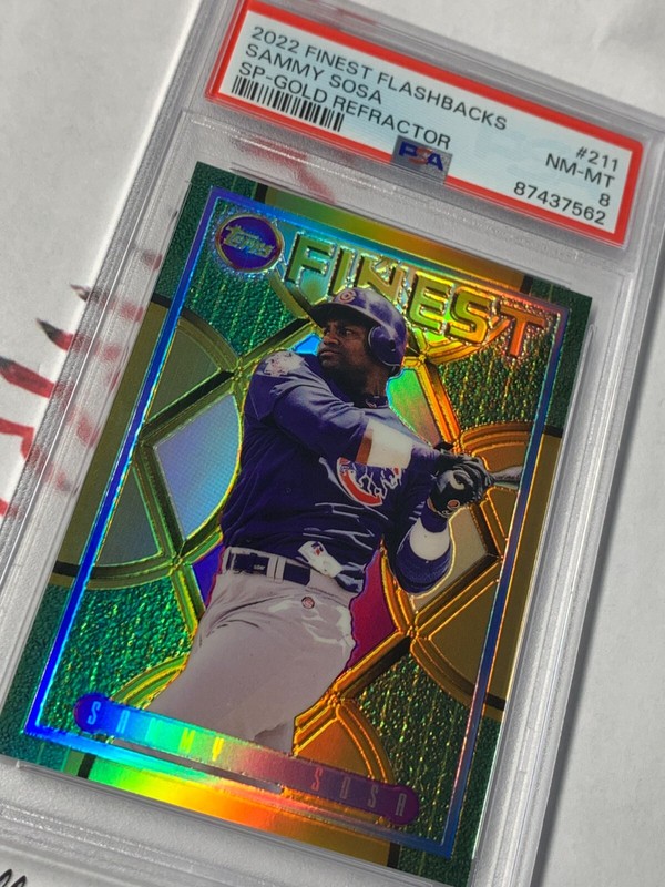 SAMMY SOSA SP 💎 PSA 8 /50 pop 1! 2022 TOPPS FINEST FLASH GOLD REFRACTOR #211 view 2
