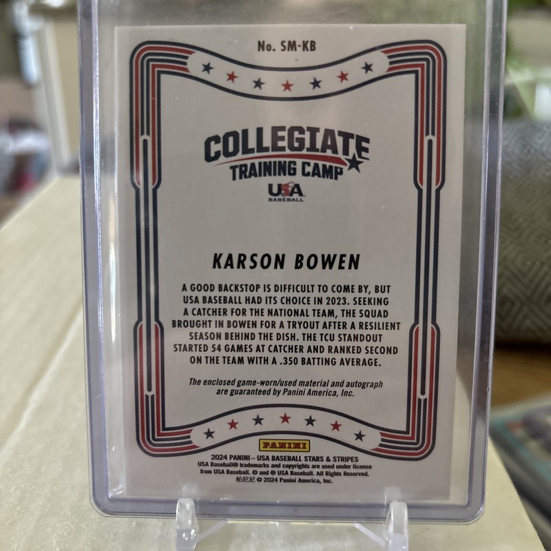 2024 Panini USA Stars & Stripes Karson Bowen Game Used Auto Baseball TCU Frogs view 2