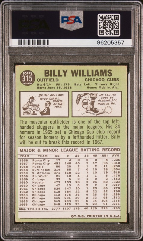 1967 TOPPS #315 BILLY WILLIAMS PSA 5 CHICAGO CUBS VINTAGE BASEBALL CARD view 2