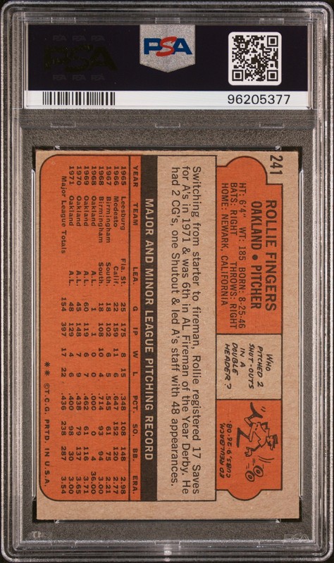 1972 TOPPS #241 ROLLIE FINGERS PSA 3 OAKLAND ATHLETICS HOF VINTAGE BASEBALL CARD view 2