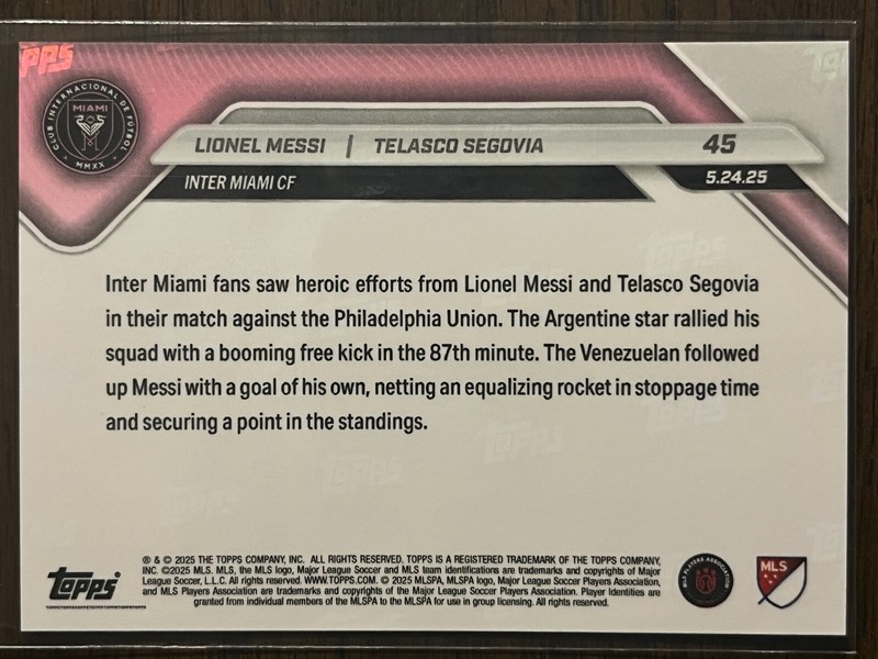 2025 Topps Now MLS #45 Lionel Messi Telasco Segovia Inter Miami CF view 2