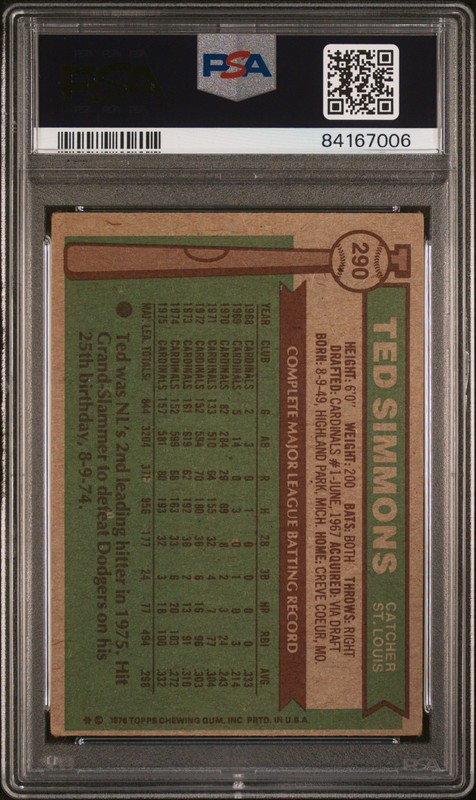 1976 Topps #290 Ted Simmons St Louis Cardinals HOF Authentic Vintage PSA 3 view 2