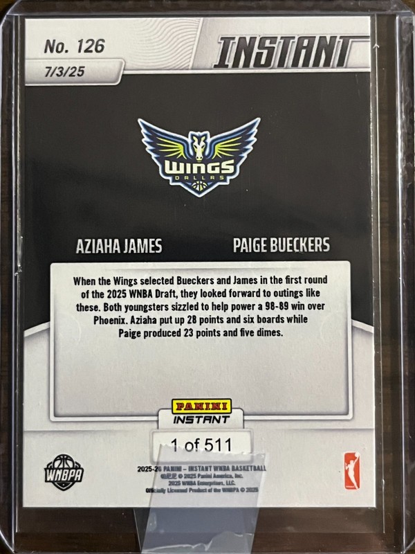 2025 Panini Instant WNBA #126 Aziaha James Paige Bueckers Dallas Wings RC view 2