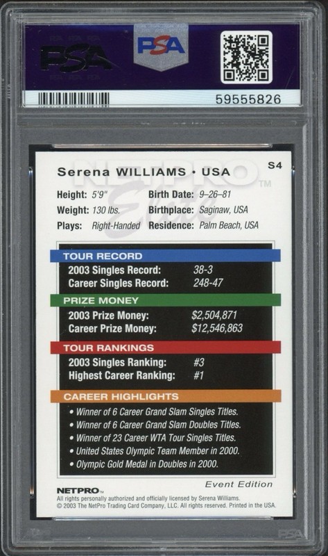 2003 Netpro Elite Serena Williams Rookie RC #S4 PSA 10 GEM MT  view 2