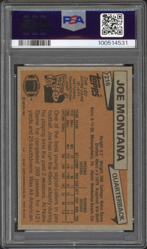 1981 Topps Joe Montana Rookie RC #216 PSA 7 Near Mint HOF San Francisco 49ers view 2