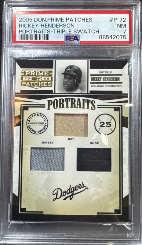 2005 Donruss Prime Patches Rickey Henderson Game Worn Triple Material /150 PSA 7
