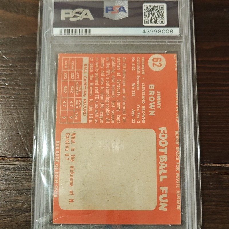 1958 Topps #62 Jimmy Jim Brown Rookie Card PSA 6 view 2