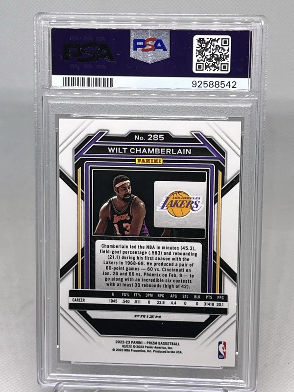 2022 Panini Prizm Wilt Chamberlain Ruby Wave #285 PSA 10 - Lakers view 2