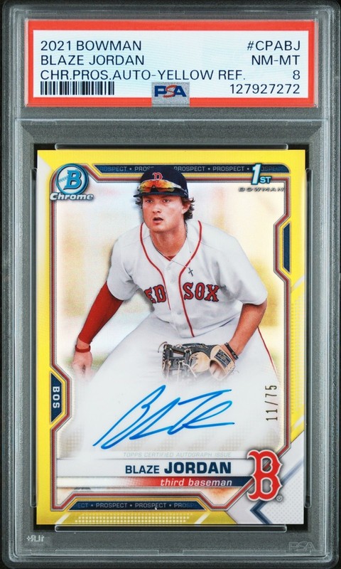 BLAZE JORDAN AUTO 2021 BOWMAN 1ST CHROME YELLOW /75 PSA Graded 8 CPABJ NM-MT