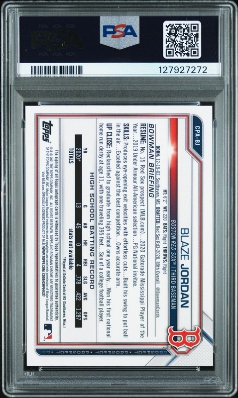 BLAZE JORDAN AUTO 2021 BOWMAN 1ST CHROME YELLOW /75 PSA Graded 8 CPABJ NM-MT view 2